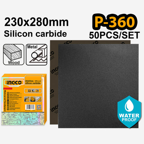 Ingco Silicon Carbide Waterproof Sandpaper Size:230x280mm Grit:P60-P2000 50pcs/Set ING-HT