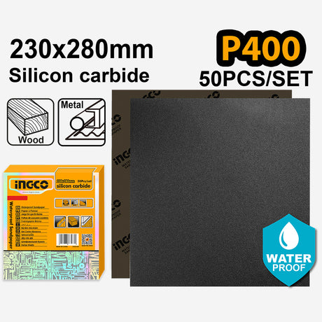 Ingco Silicon Carbide Waterproof Sandpaper Size:230x280mm Grit:P60-P2000 50pcs/Set ING-HT