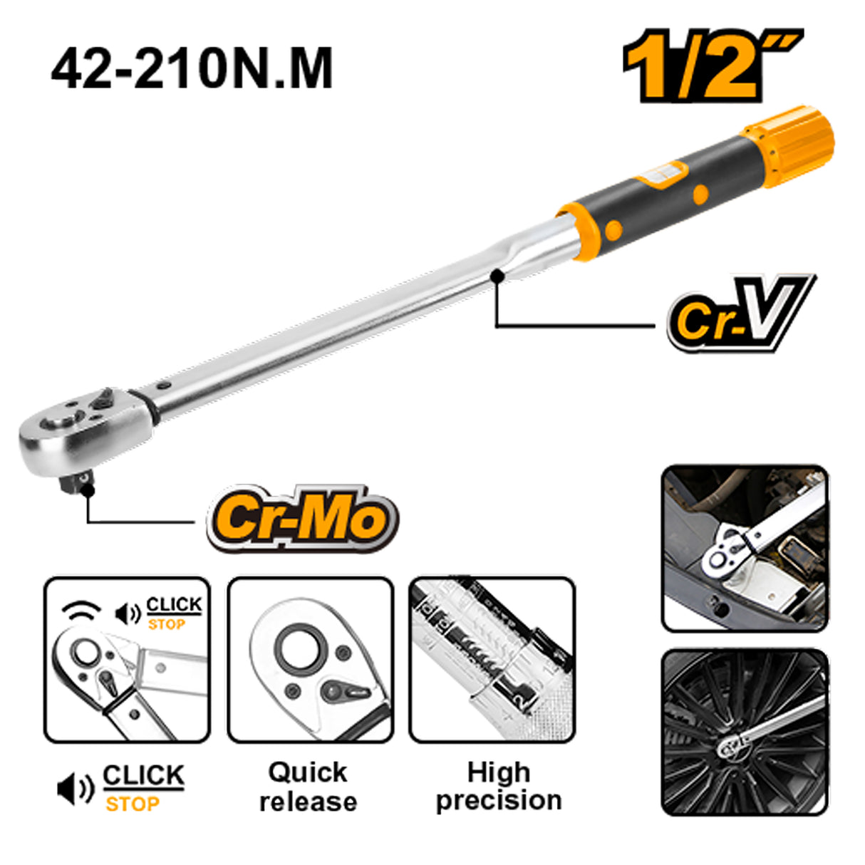 1/2 inches Cr-V+Cr-Mo Steel Heat Treatment Preset Torque Wrench HPTW200N1 ING-HT