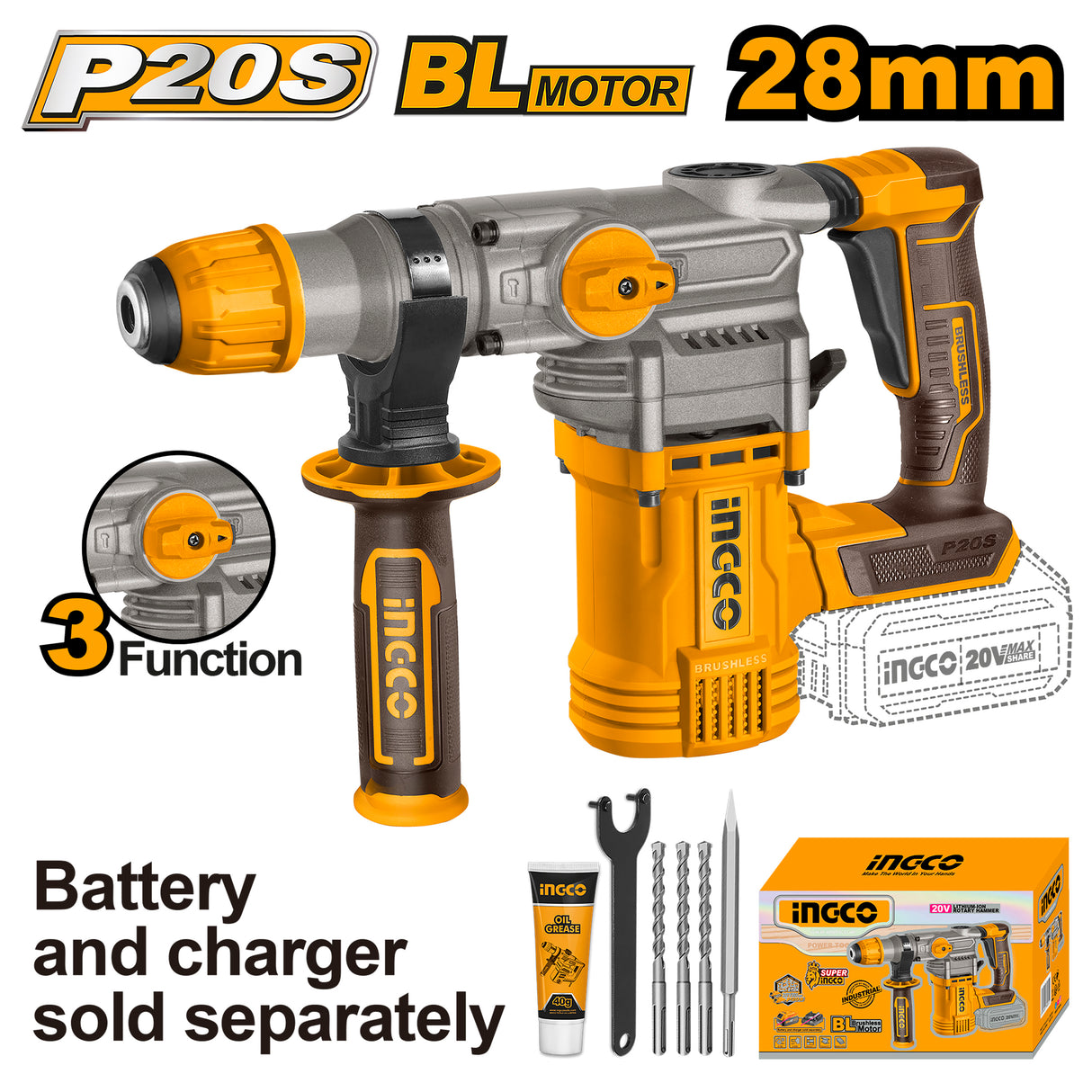 Brushless Motor Lithium-Ion Cordless Rotary Hammer 20V P20S CRHLI20288 ING-CT