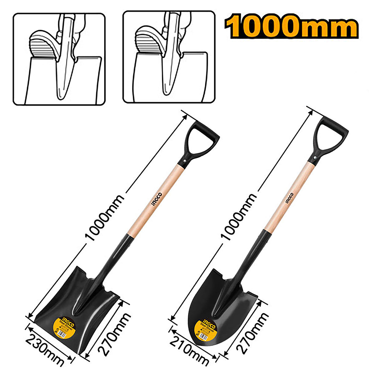 Steel Square / Round Shovel with Wooden Handle HSSH1108 ING-HT