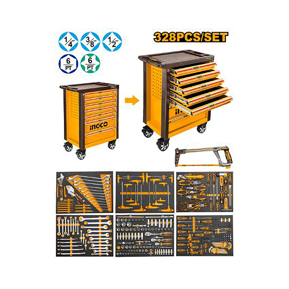 (328pcs Tool Chest Set) Roller Cabinet with 7pcs Drawers HTCS273281 ING-HT