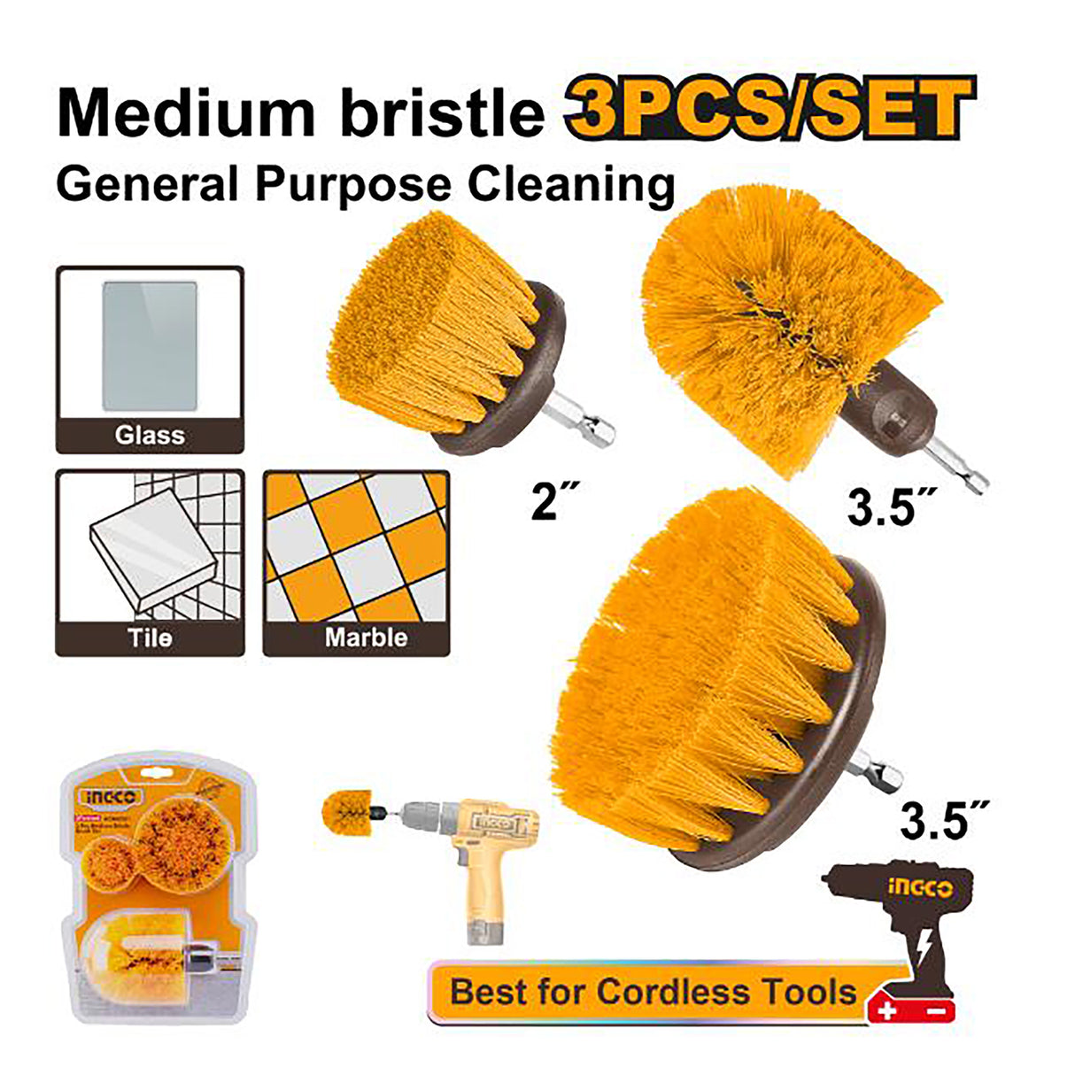 Set of 3 pieces Medium Bristle Brush Cleaning Set WCBM0301 ING-HT