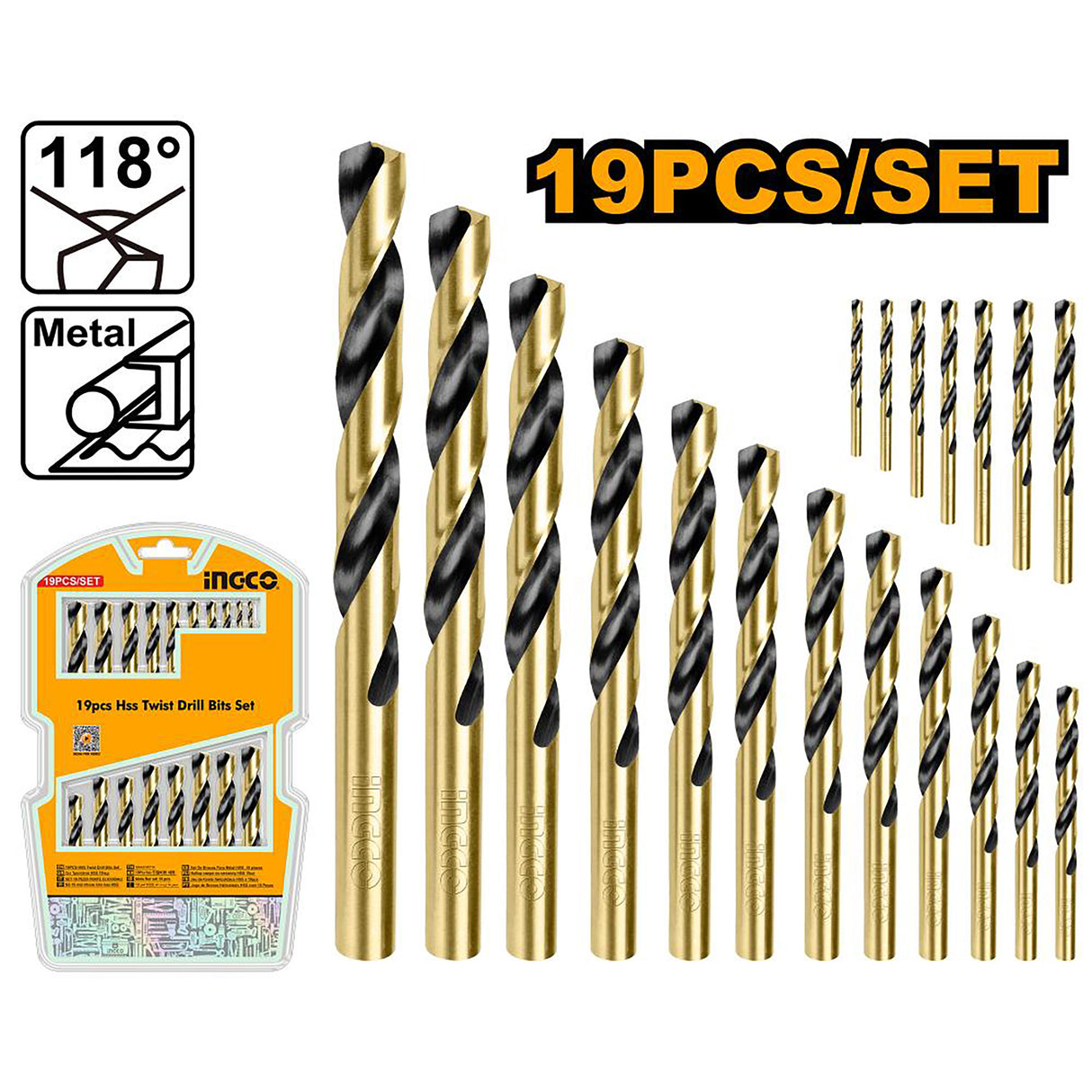 19pcs HSS/Metal Twist Drill Bits Set AKDB9190 ING-HT