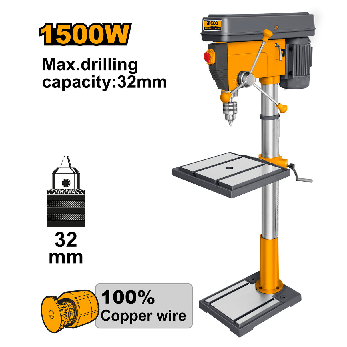 Drill Press 2HP(1500W) 32mm 12-Speed 425mm x 475mm Table Size DP3211001-5 ING-PT