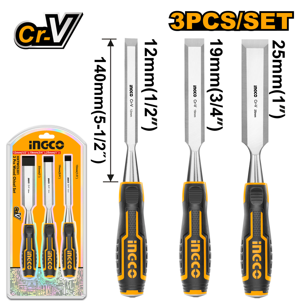 3pcs CR-V Material Wood Chisel Set HKTWCS301 ING-HT