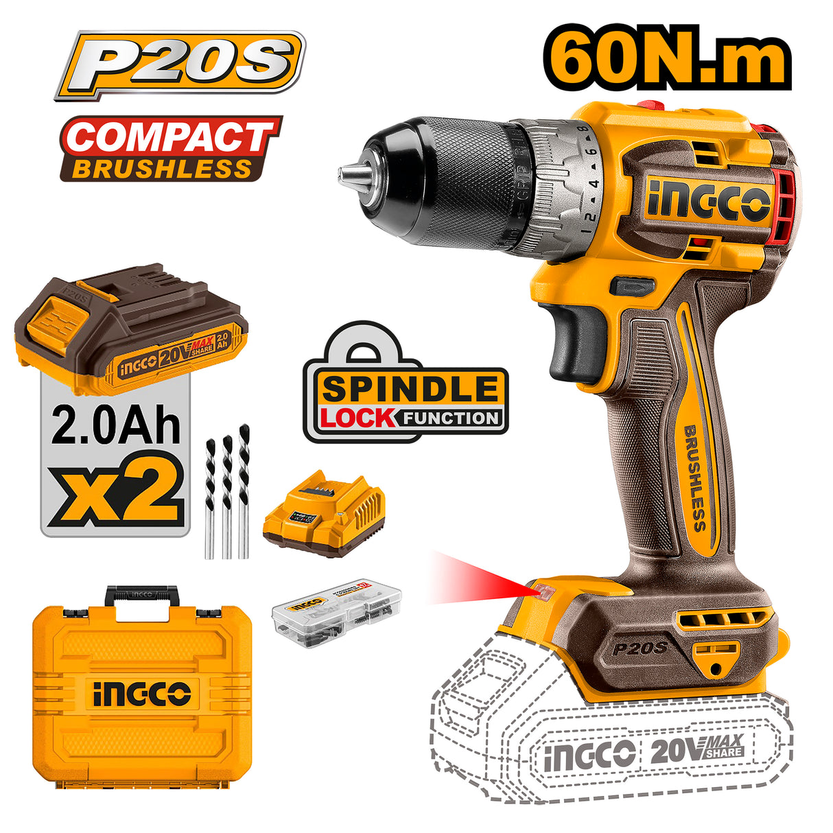 Lithium-Ion Compact Brushless Cordless Drill 20V w/ Battery/Charger P20S ING-CT