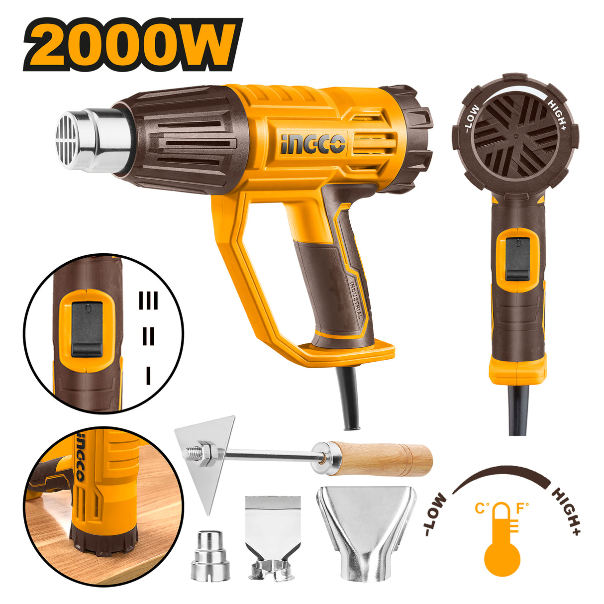 Heat Gun 2000W with 3 pcs Nozzle and 1 Scraper HG200047 ING-PT