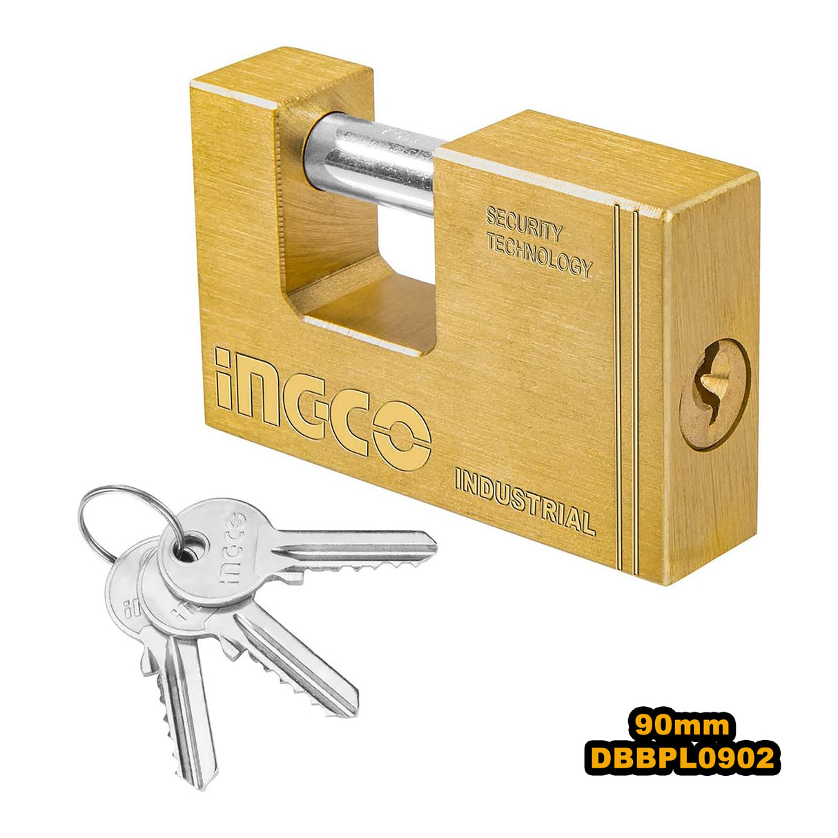 Ingco Heavy Duty Padlock Monoblock Lock w/ 3 pcs Keys, Solid Brass Block Rectangular Lock