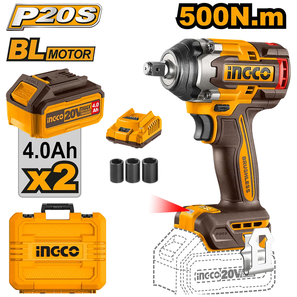 Ingco P20S/20V Brushless Motor Lithium-Ion Cordless Impact Wrench ING-CT