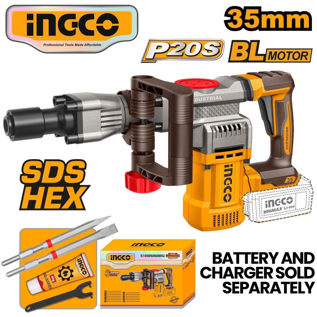 Ingco P20S/20V Lithium-Ion Brushless 35mm Cordless Demolition Breaker CDBLI203582 ING-PT