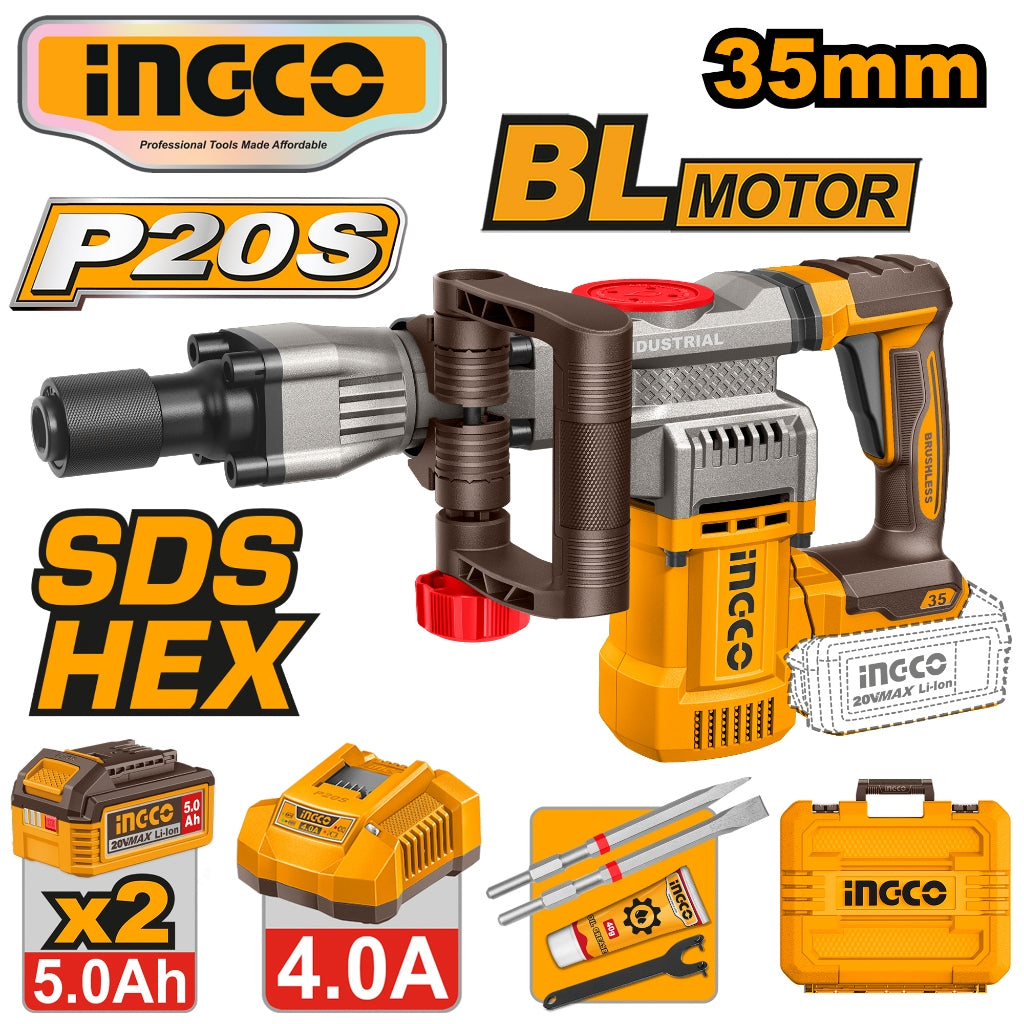 Ingco P20S/20V Lithium-Ion Brushless 35mm Cordless Demolition Breaker CDBLI203582 ING-PT