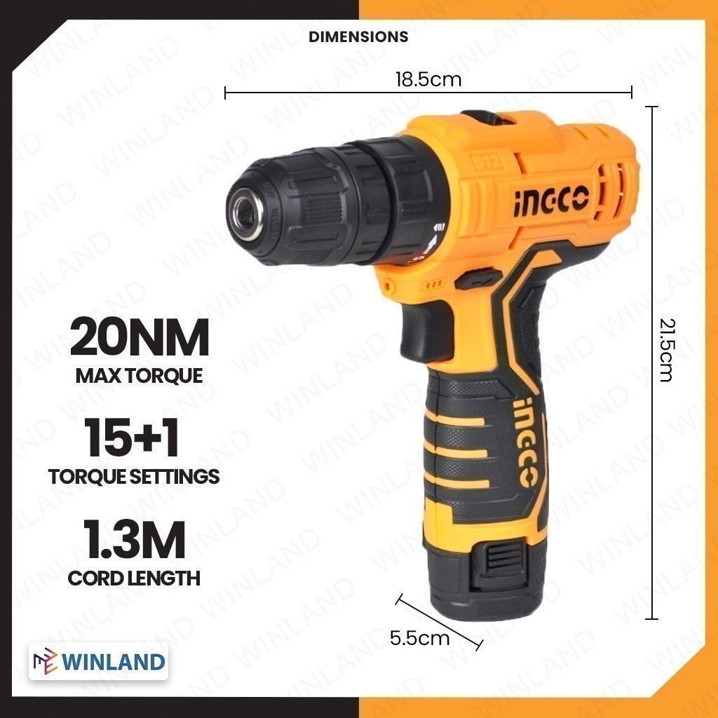 Ingco Lithium-Ion Cordless Drill 12V with 2 Batteries CDLI12325 / CDLI12208 / CDLI12328
