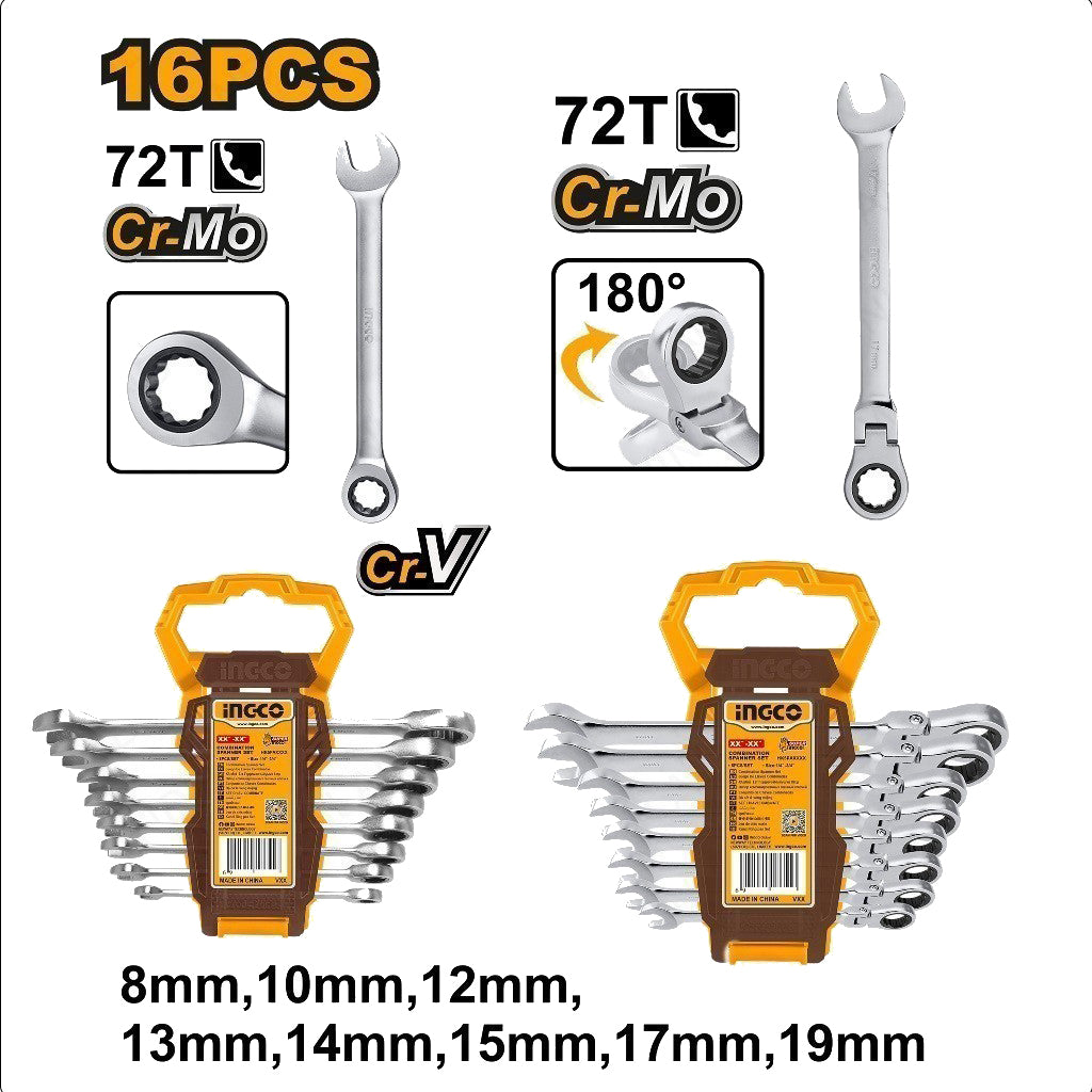 Ingco Set of 16 PCS Ring Ratchet Spanner Set HKSPAR2016 ING-HT
