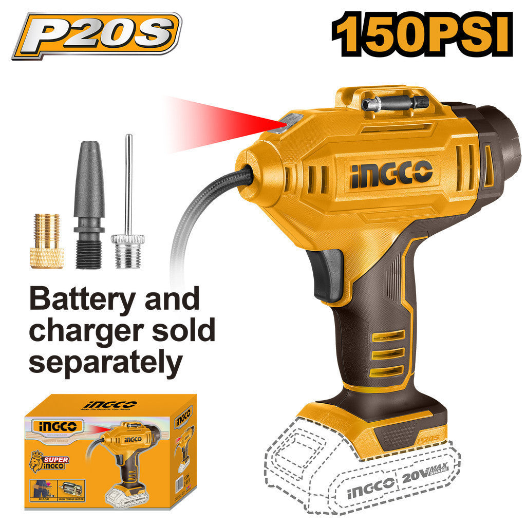 Ingco P20S Lithium-Ion Cordless Auto Air Compressor 20V 150PSI/11Bar CACLI20181 ING-COR