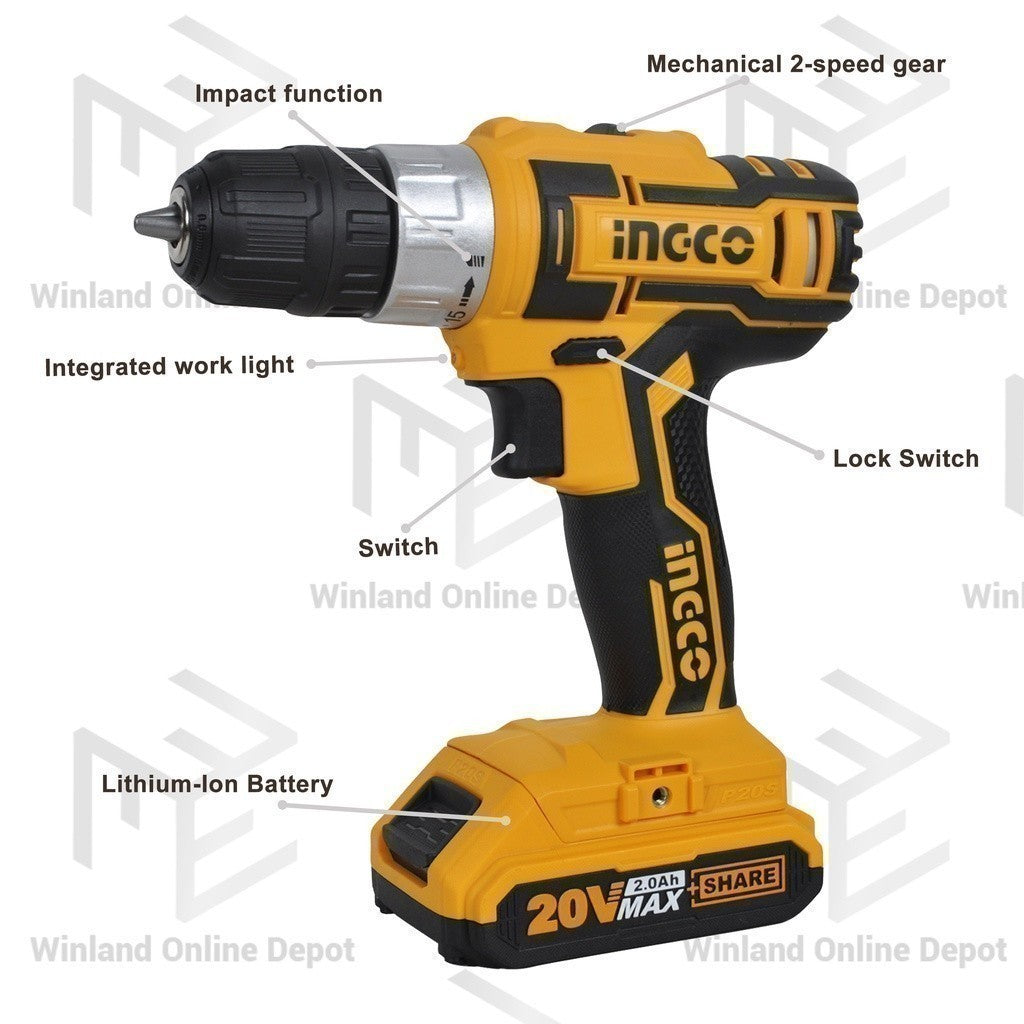 Ingco by Winland P20S 20S Lithium-Ion Combo Kit Cordless Drill and Impact Wrench CKLI2007 ING-CT