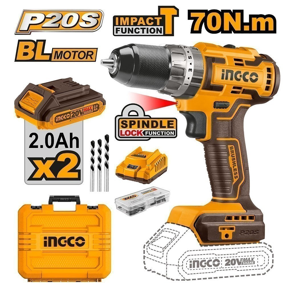 Lithium-Ion Cordless Brushless Impact Drill 20V / 70N.m-13mm CIDLI20605 P20S ING-CT