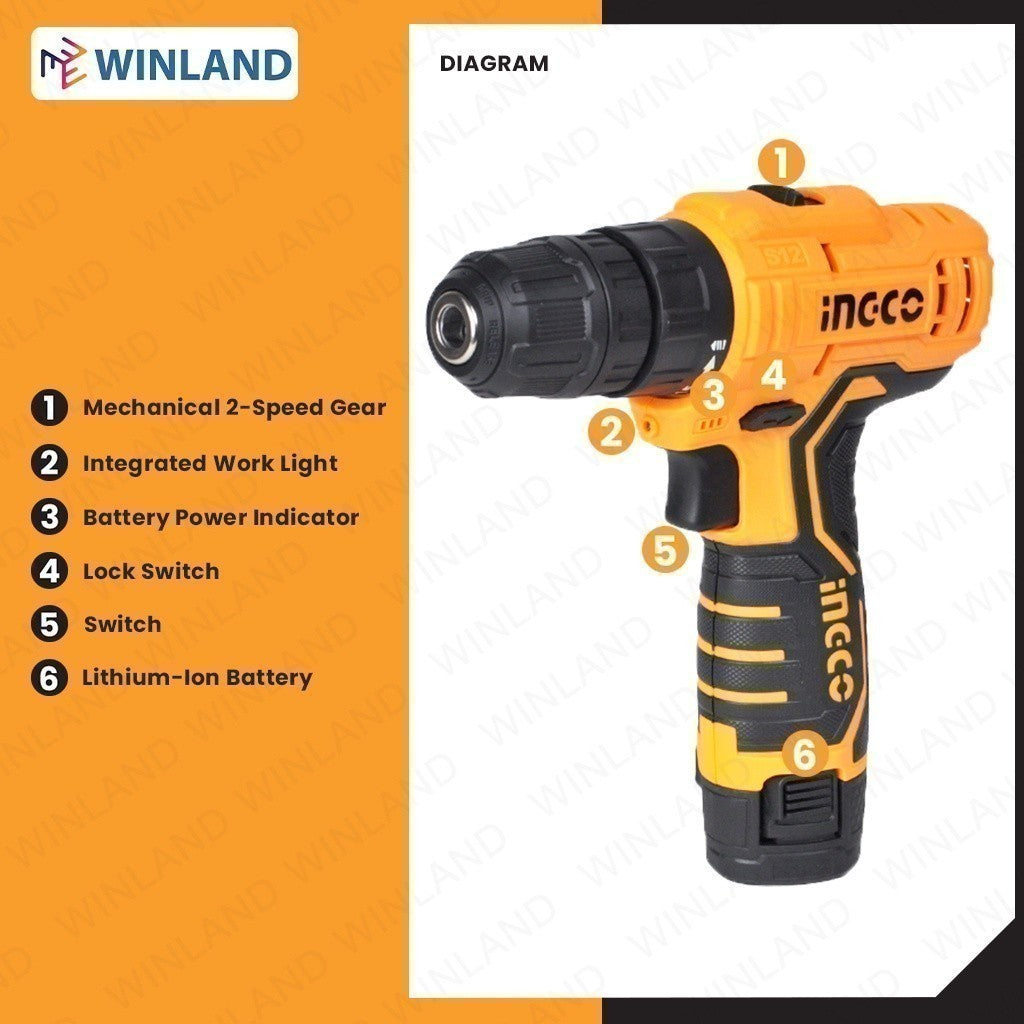 Ingco Lithium-Ion Cordless Drill 12V with 2 Batteries CDLI12325 / CDLI12208 / CDLI12328