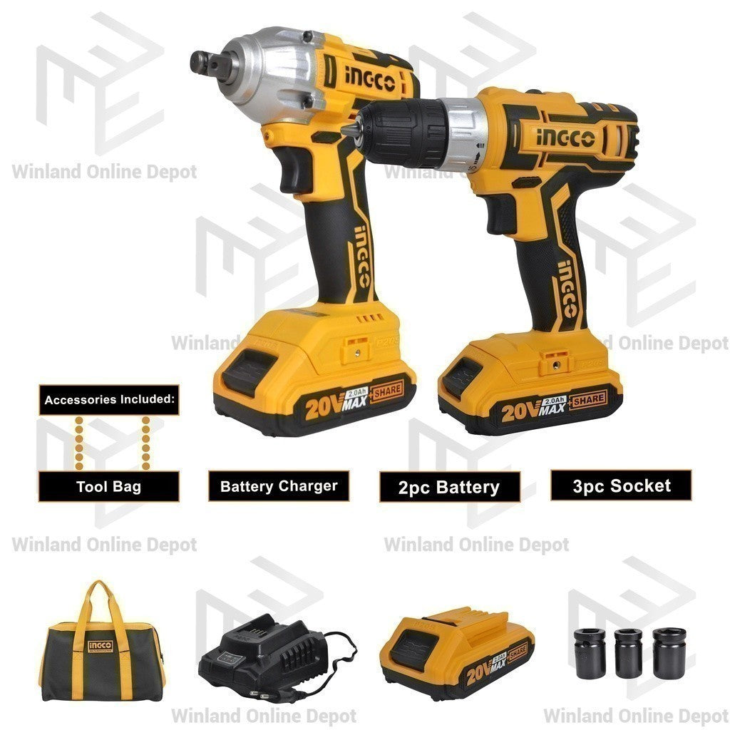 Ingco by Winland P20S 20S Lithium-Ion Combo Kit Cordless Drill and Impact Wrench CKLI2007 ING-CT