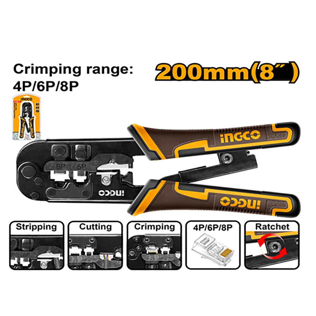Ingco by Winland 3IN1 8inches/200mm Modular Plug Terminal Crimping Tool Crimping Pliers HMPCN2468R
