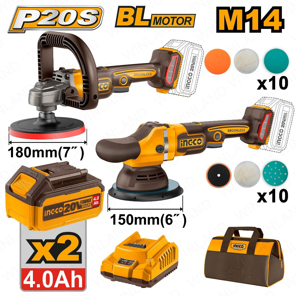 Ingco by Winland P20S/20V 2PCS Combo Kit with Lithium-Ion Brushless Cordless Polisher COSLI241191