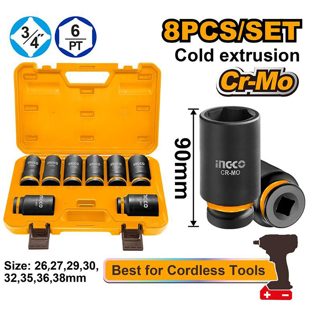 Ingco by Winland 8pcs 3/4 inch drive deep impact socket set