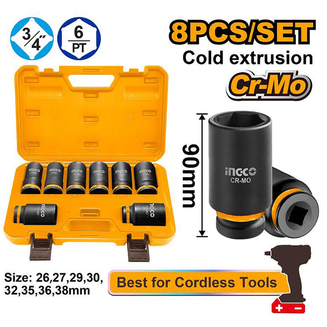 Ingco by Winland 8pcs 3/4 inch drive deep impact socket set