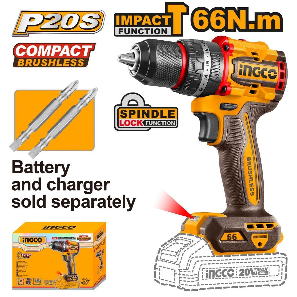 P20S/20V Lithium-Ion Brushless Compact Cordless Drill 66NM ING-CT
