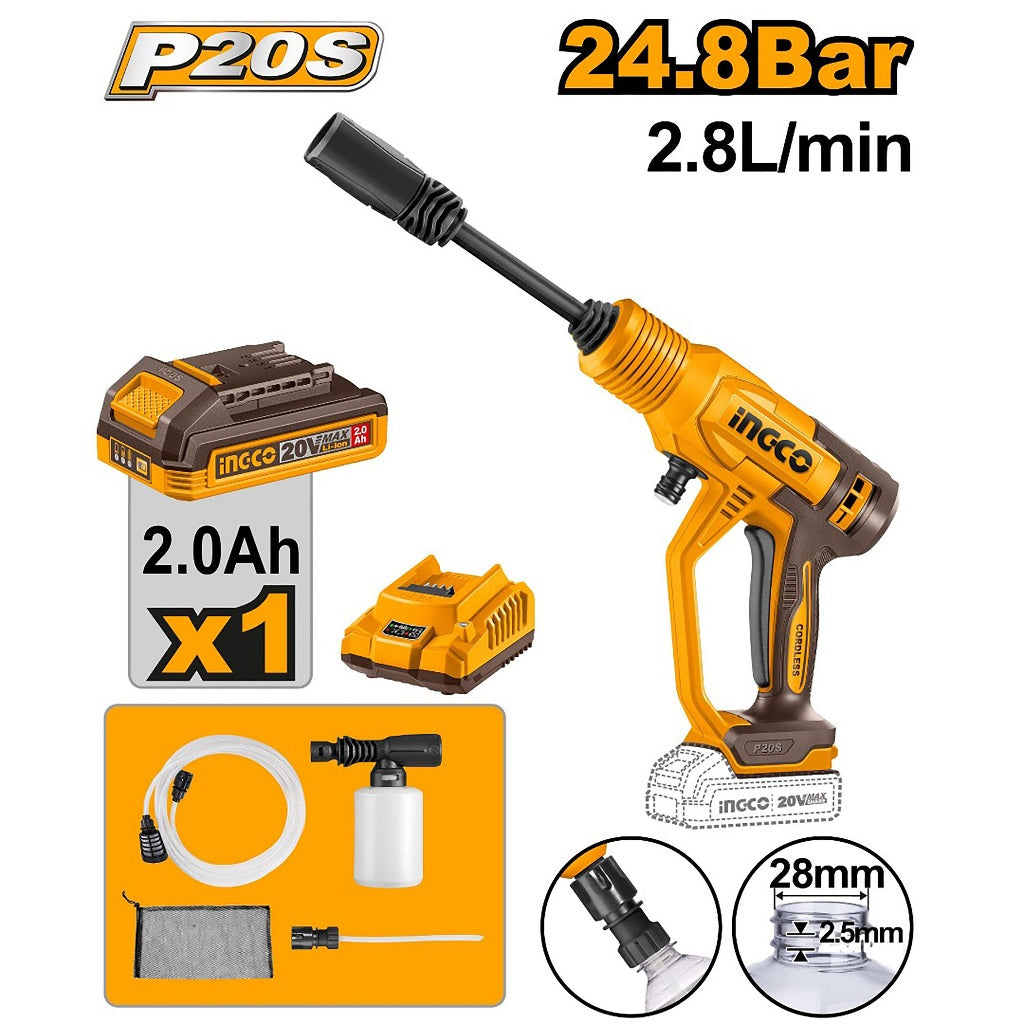 P20S/20V Lithium-Ion Cordless Pressure Washer (24.8Bar/2.8L/min) ING-CT