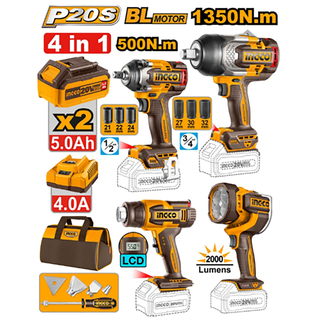 INGCO COSLI241293 20V lithium-ion 4-piece combo kit with cordless impact wrench