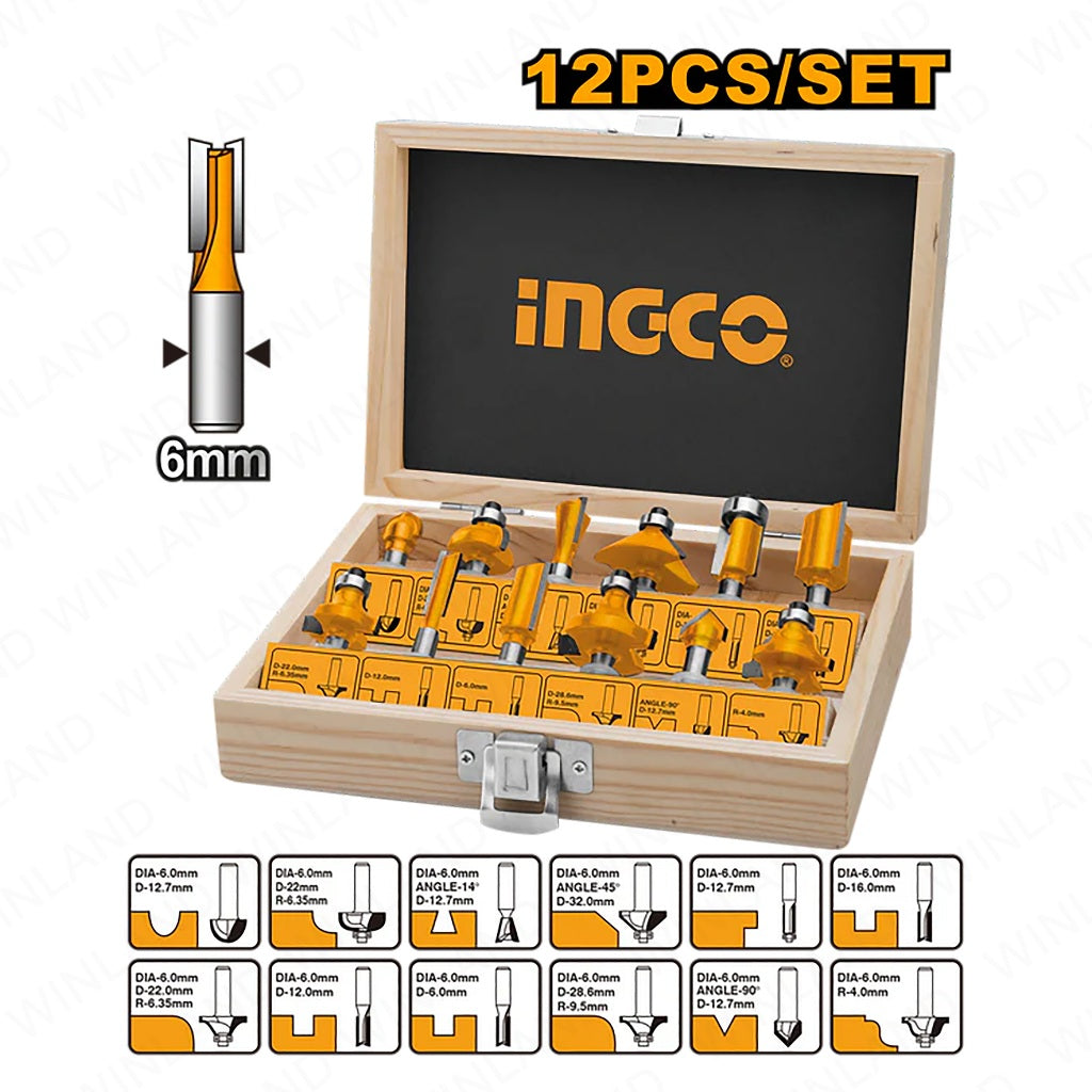 Ingco by Winland 12PCS/Set Trimmer Router Bits with Shank Diameter: 6mm AKRT1201 ING-HT