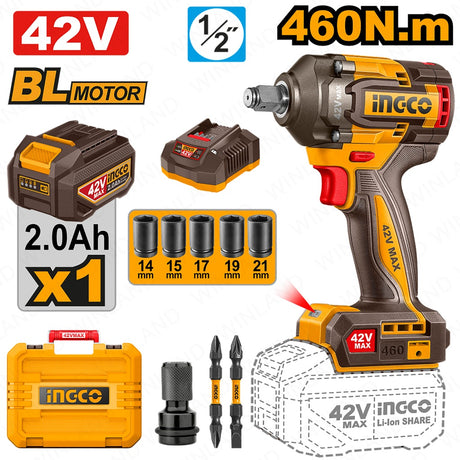 INGCO 42V 460Nm ½” Brushless Cordless Impact Wrench (CIWLI42461)