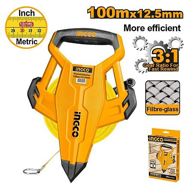 Ingco by Winland fiberglass measuring tape with 3:1 gear ratio for fast rewind