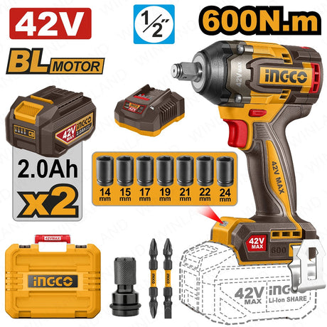 INGCO 42V 600Nm ½” Brushless Cordless Impact Wrench (CIWLI42602)