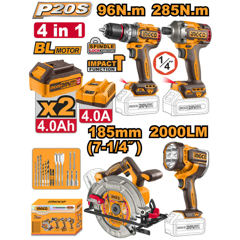 Ingco by Winland P20S 20V 4pcs cordless combo kit with 2pcs 4.0Ah battery pack