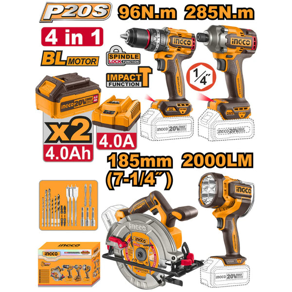 Ingco by Winland P20S 20V 4pcs cordless combo kit with 2pcs 4.0Ah battery pack