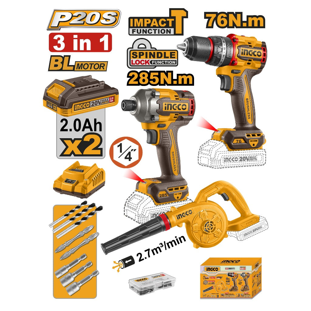 Ingco by Winland P20S 20V 3pcs cordless combo kit with brushless compact impact drill