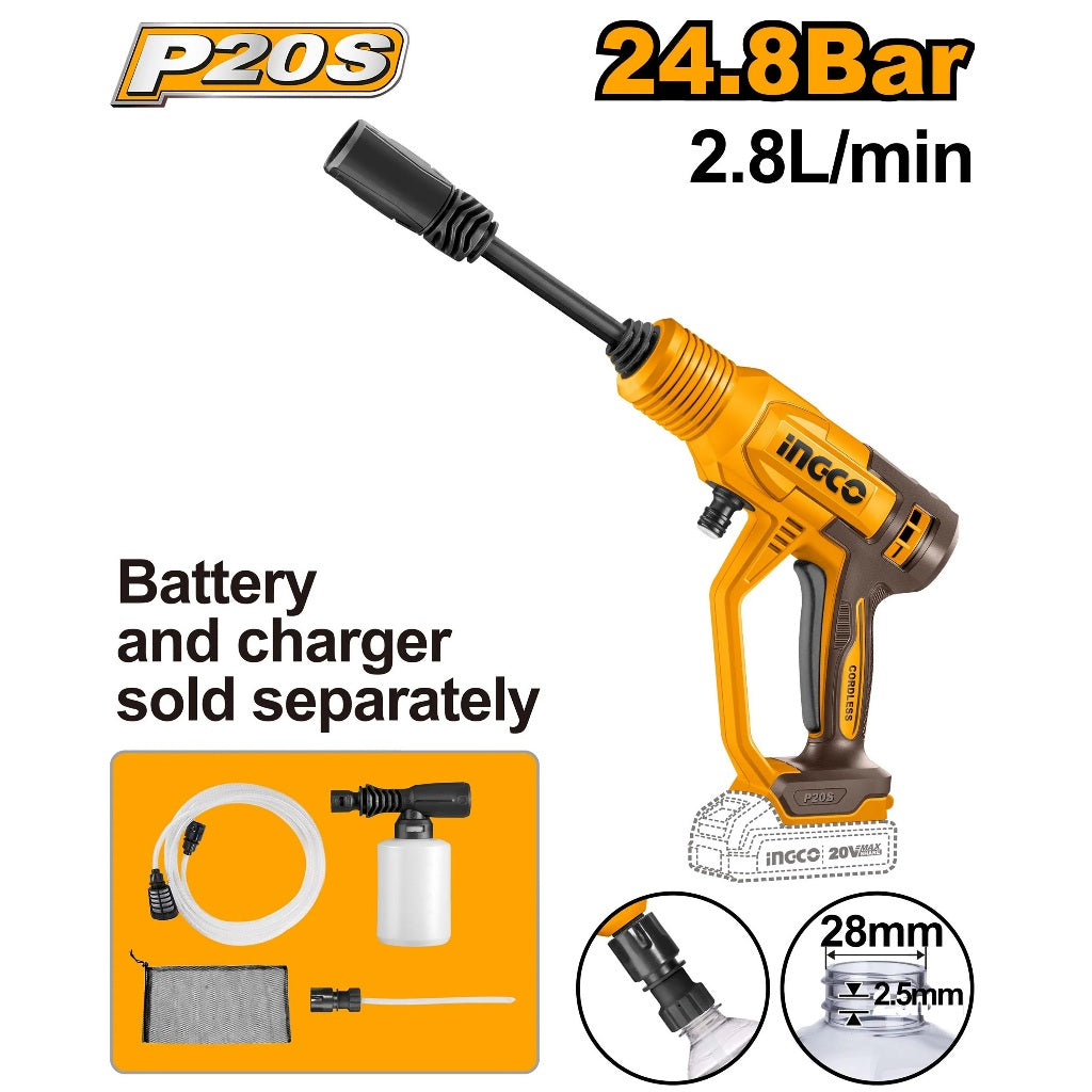 P20S/20V Lithium-Ion Cordless Pressure Washer (24.8Bar/2.8L/min) ING-CT