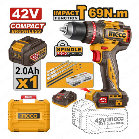INGCO 42V 69Nm Brushless Cordless Impact Drill (CIDLI426981)