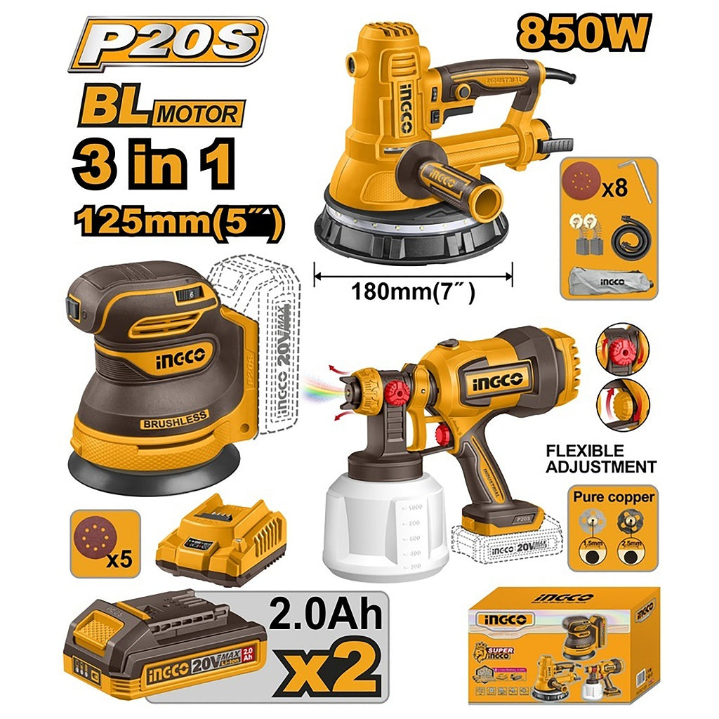 Ingco by Winland P20S 20V 3pcs cordless combo kit with random orbital sander