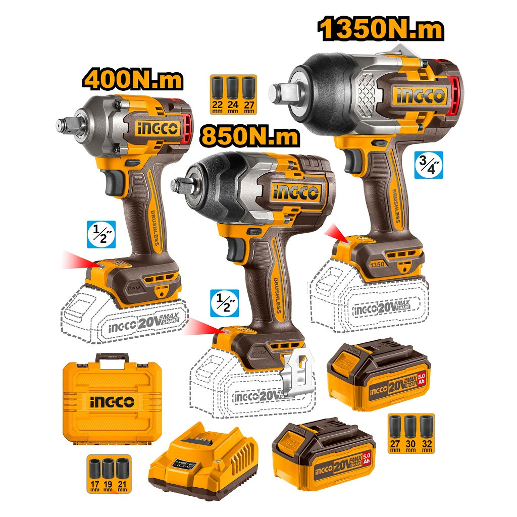 INGCO COSLI250386 20V lithium-ion 3-piece combo kit with cordless impact wrench