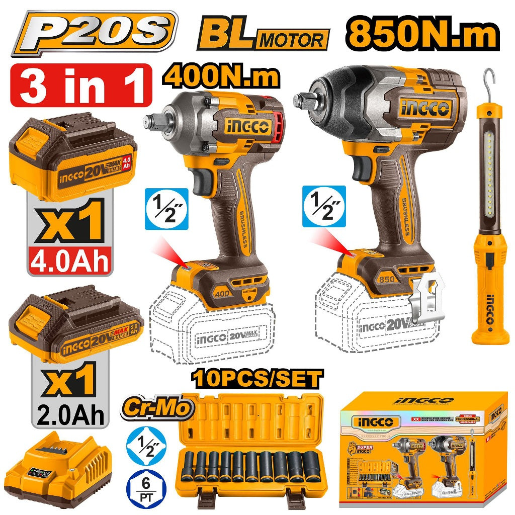 Ingco by Winland P20S 20V 3pcs cordless combo kit with impact wrench 400Nm torque