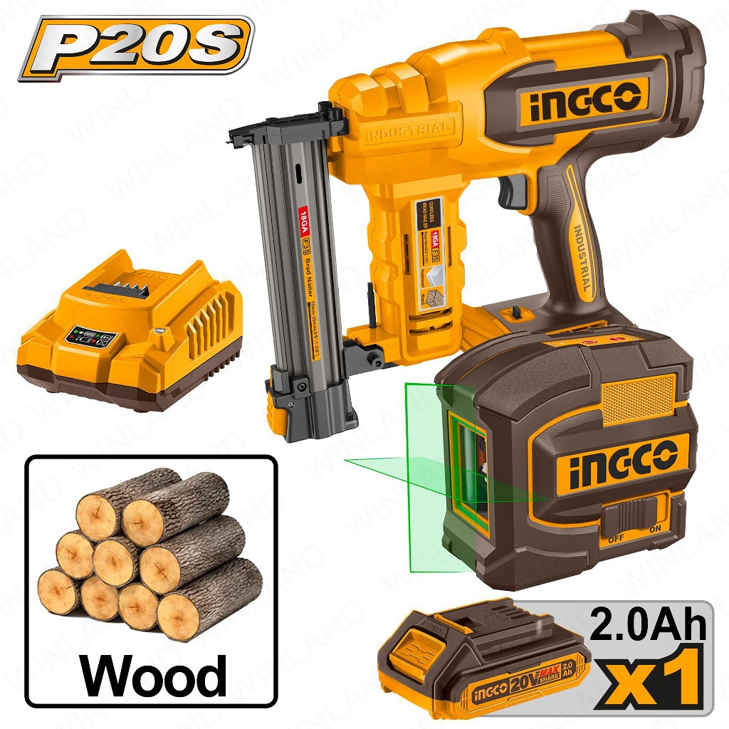 Ingco by Winland P20S/20V 2PCS Combo Kit Lithium-Ion Cordless Brad Nailer Kit with Line Laser ING-CT