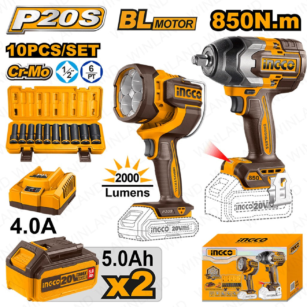 P20S/20V 2PCS Combo Kit with Lithium-Ion Cordless Impact Wrench COSLI241181 ING-CT
