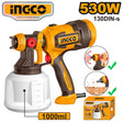INGCO 530W electric paint sprayer with a 1000ml white container, featuring a yellow and dark brown body, labeled with 130DIN-s, shown with inset images of wall and wood painting applications and the product packaging box