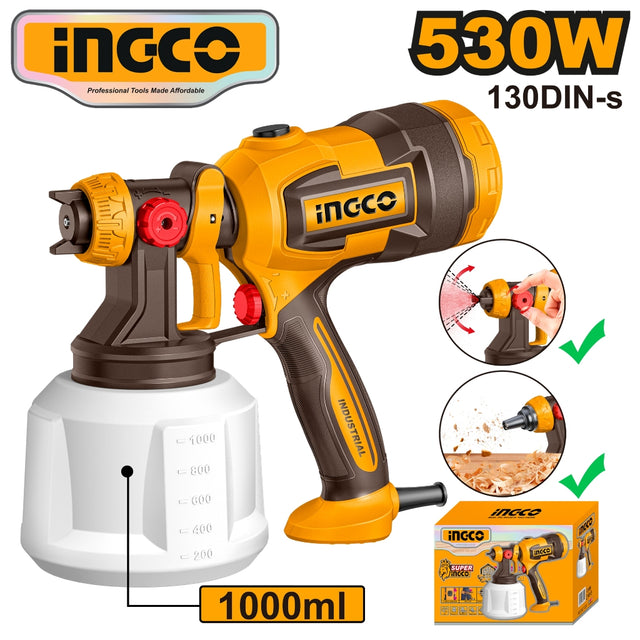 INGCO 530W electric paint sprayer with a 1000ml white container, featuring a yellow and dark brown body, labeled with 130DIN-s, shown with inset images of wall and wood painting applications and the product packaging box