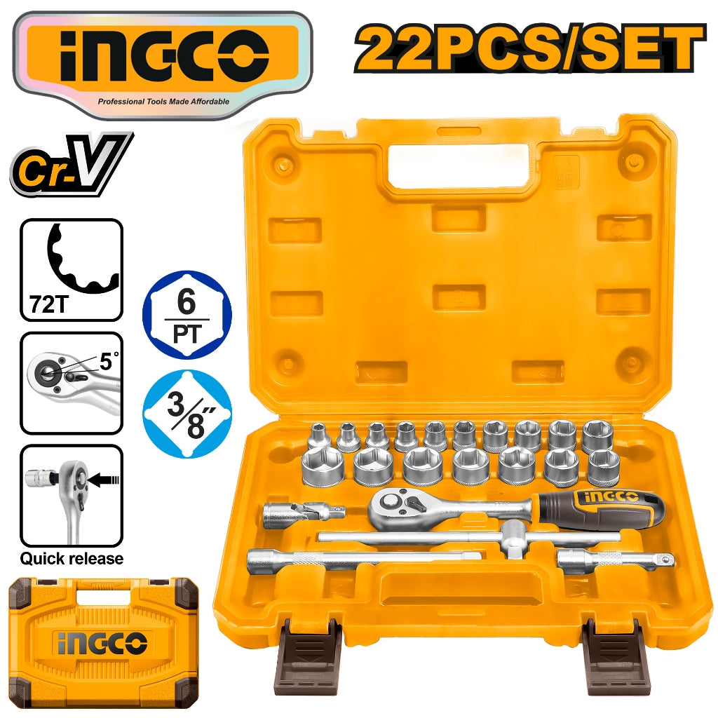 INGCO 22-piece 3/4-inch drive socket set in a yellow carrying case, featuring Cr-V (Chrome Vanadium) steel construction, a 72-tooth ratchet with quick release and 5-degree swing arc, 6-point sockets, extension bars, and a spinner handle