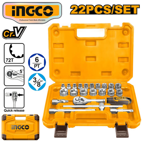 INGCO 22-piece 3/4-inch drive socket set in a yellow carrying case, featuring Cr-V (Chrome Vanadium) steel construction, a 72-tooth ratchet with quick release and 5-degree swing arc, 6-point sockets, extension bars, and a spinner handle