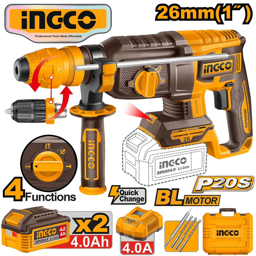 Ingco  P20S/20V Cordless Rotary Hammer 26mm Lithium-Ion - CRHLI202689 ING-HT