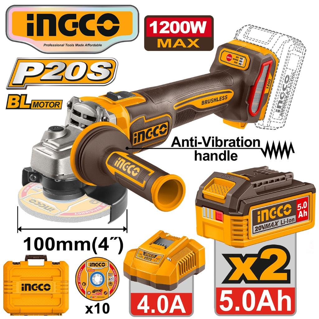 Ingco by Winland P20S/20V Brushless Lithium-Ion Cordless Angle Grinder 1200W (4") CAGLI212023 ING-CT